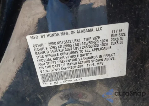 2017 Honda Pilot Touring from USA, damaged, VIN 5FNYF6H98HB001028